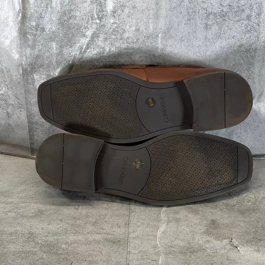 CALVIN KLEIN Men's Dark Tan Leather Malcome Slip-On Casual Loafers SZ 9.5