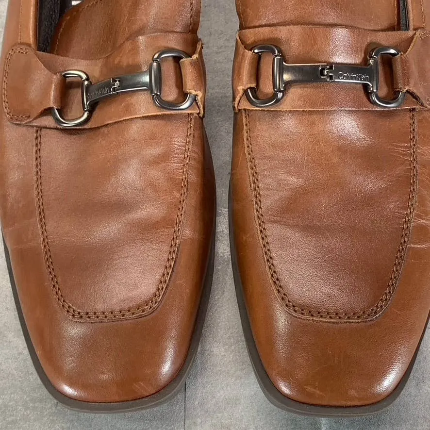 CALVIN KLEIN Men's Dark Tan Leather Malcome Slip-On Casual Loafers SZ 9.5
