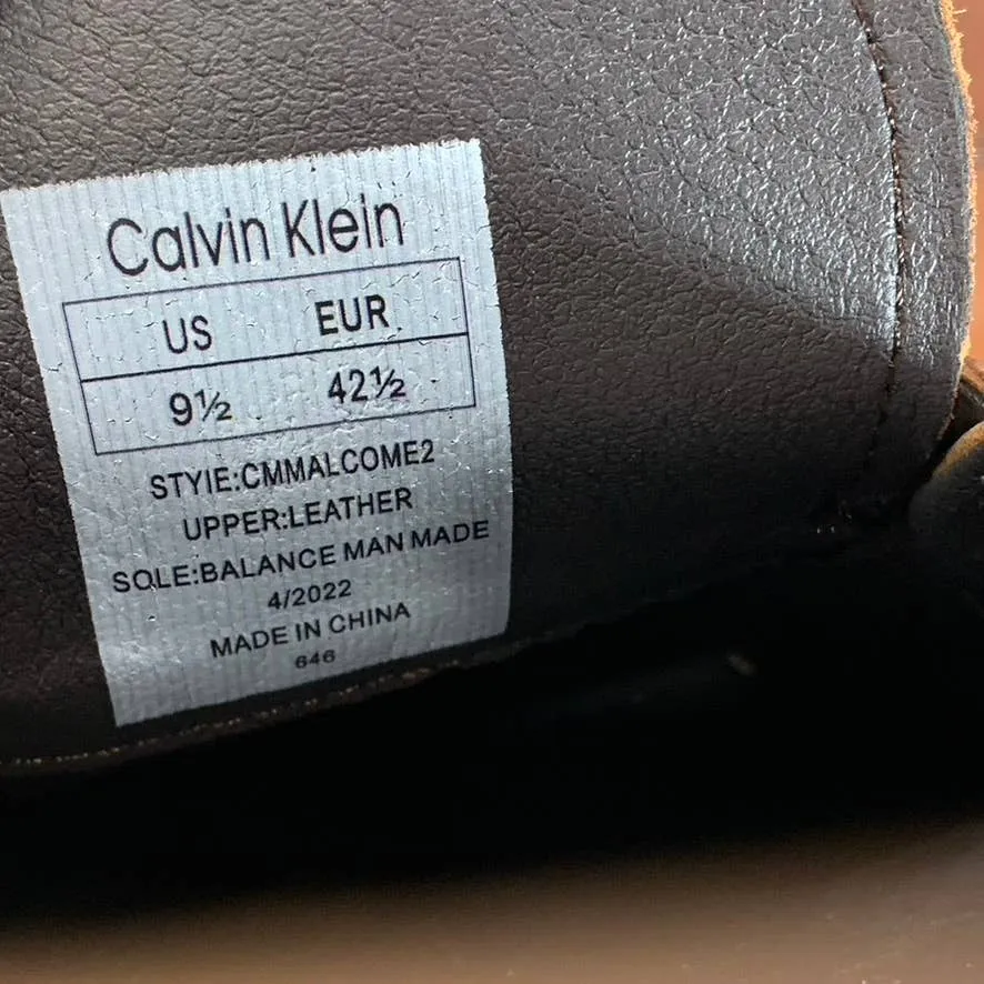 CALVIN KLEIN Men's Dark Tan Leather Malcome Slip-On Casual Loafers SZ 9.5