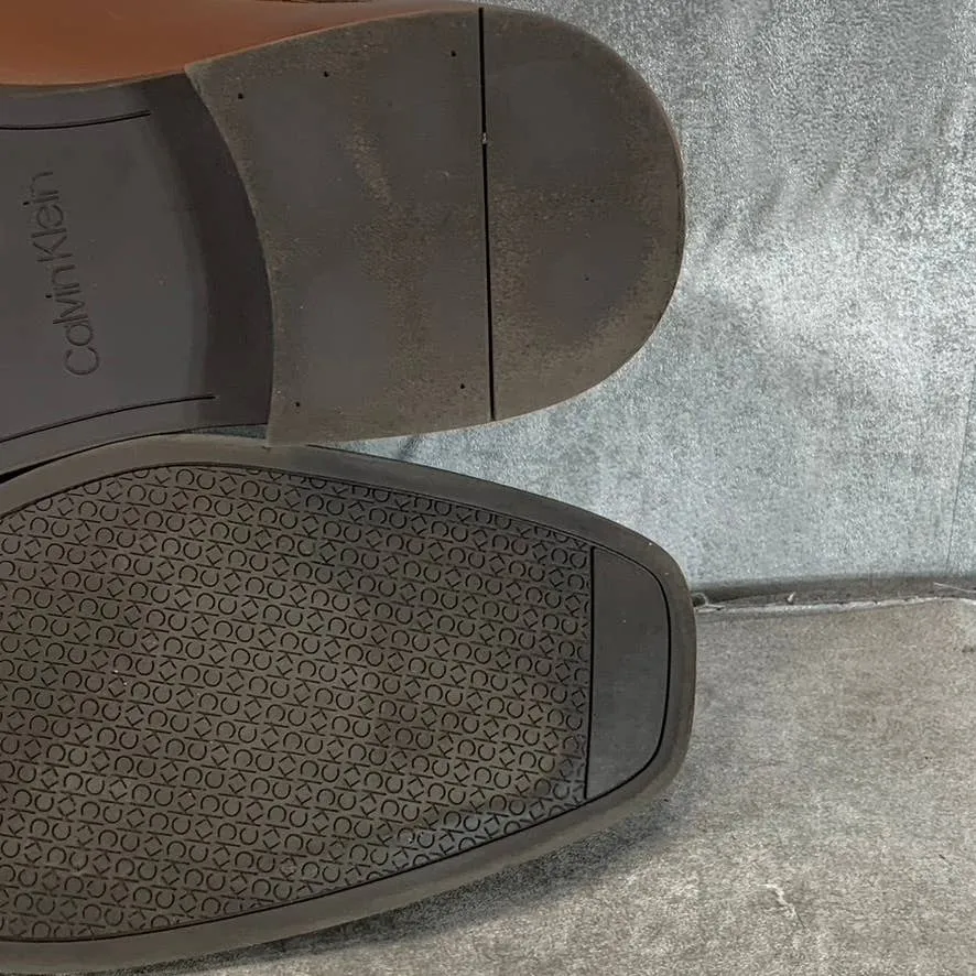 CALVIN KLEIN Men's Dark Tan Leather Malcome Slip-On Casual Loafers SZ 9.5