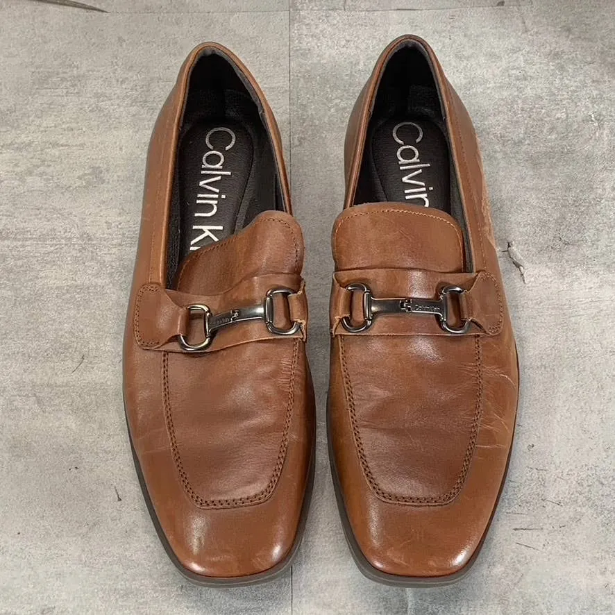 CALVIN KLEIN Men's Dark Tan Leather Malcome Slip-On Casual Loafers SZ 9.5