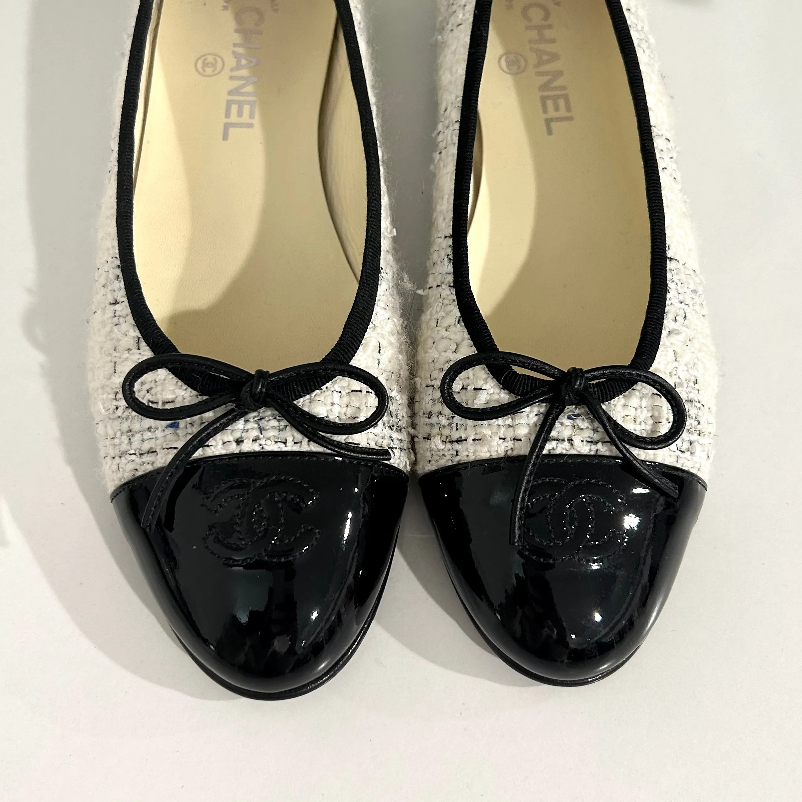 Chanel White Tweed Ballet Flats