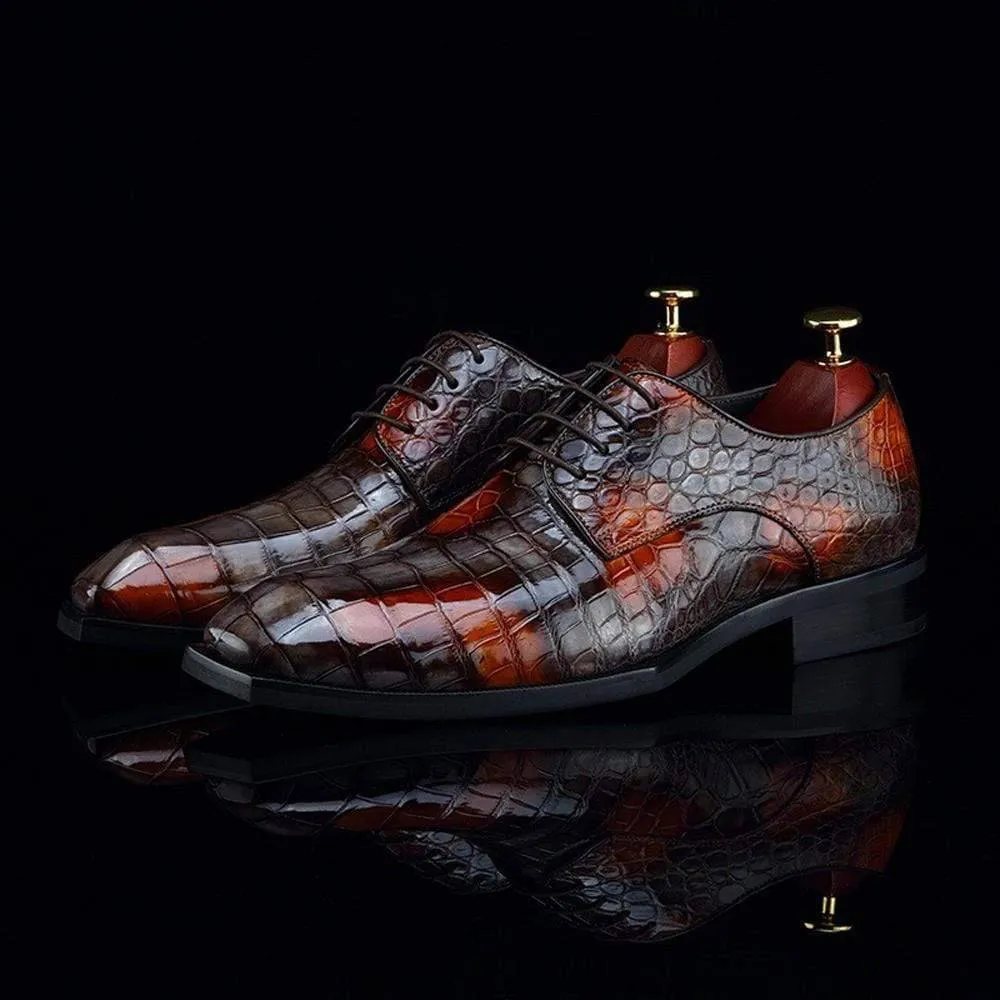 Crocodile Shoes Mens Multi Color Square Toe Lace Up Genuine Crocodile Leather Dress Shoe Grey