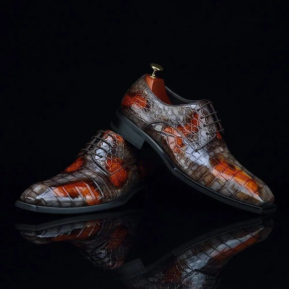 Crocodile Shoes Mens Multi Color Square Toe Lace Up Genuine Crocodile Leather Dress Shoe Grey