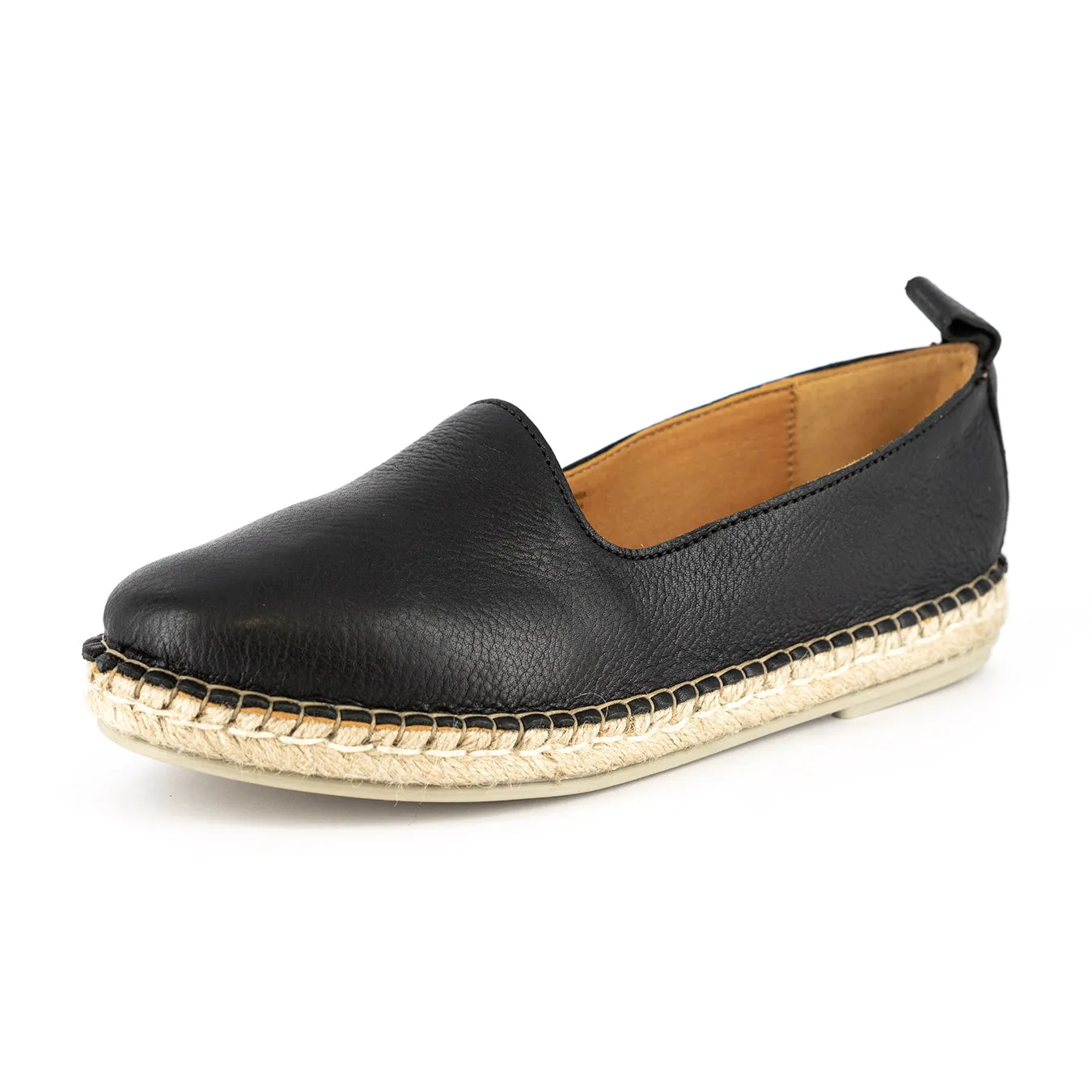 Indzima : Ladies Leather Espadrille Shoe in Black Delta