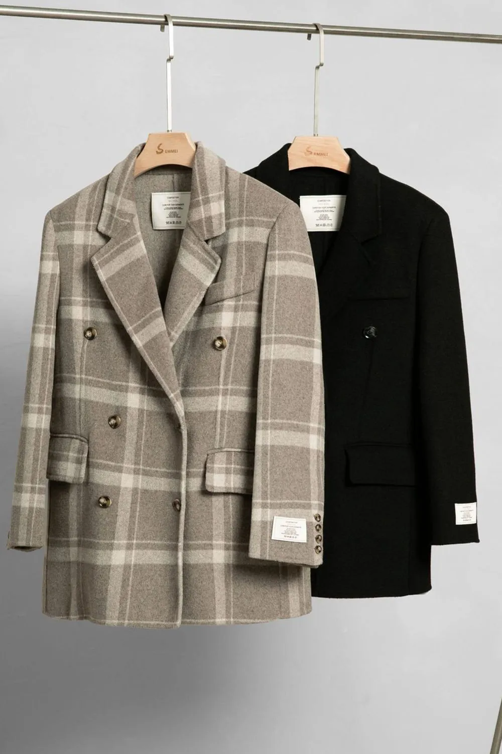 Khaki Plaid Notched Lapel Double Breasted Women Wool Coat