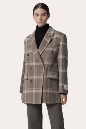 Khaki Plaid Notched Lapel Double Breasted Women Wool Coat