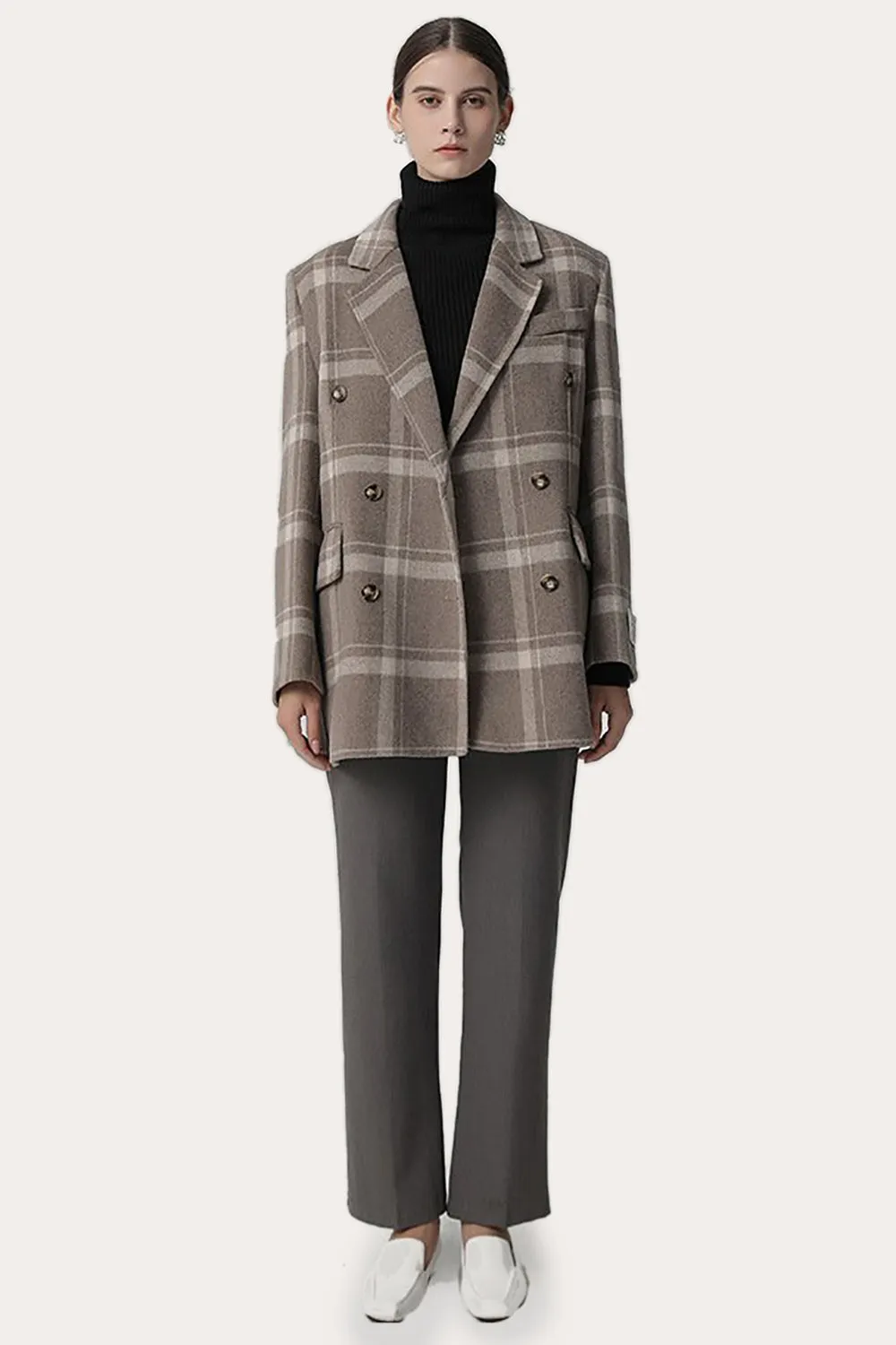 Khaki Plaid Notched Lapel Double Breasted Women Wool Coat