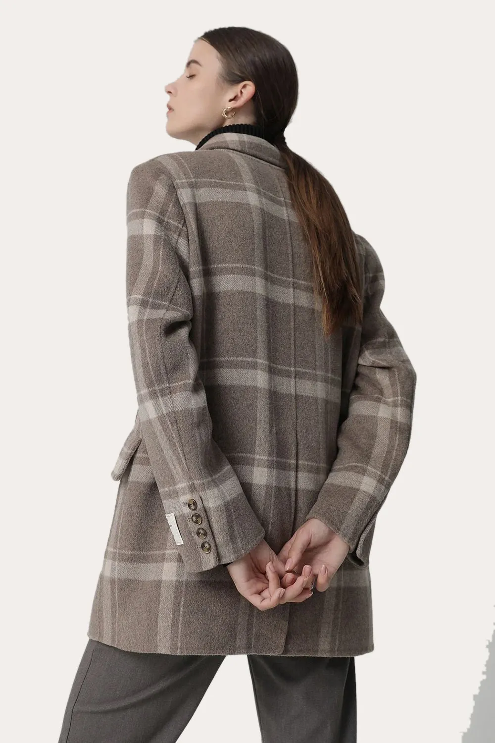 Khaki Plaid Notched Lapel Double Breasted Women Wool Coat