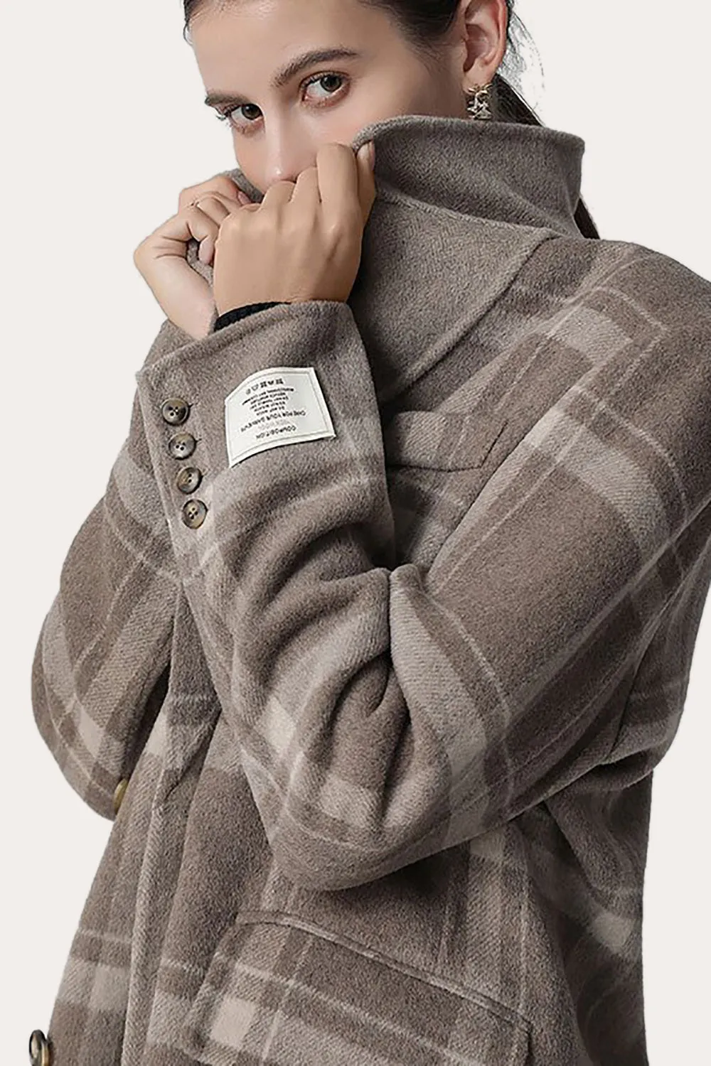 Khaki Plaid Notched Lapel Double Breasted Women Wool Coat
