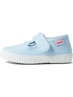 Light blue canvas velcro t-strap shoe