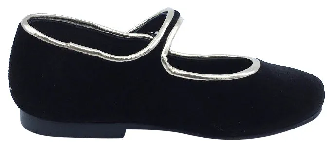 Luccini Girl's Black Velvet Mary Jane with Light Gold Trim