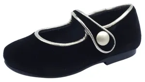 Luccini Girl's Black Velvet Mary Jane with Light Gold Trim