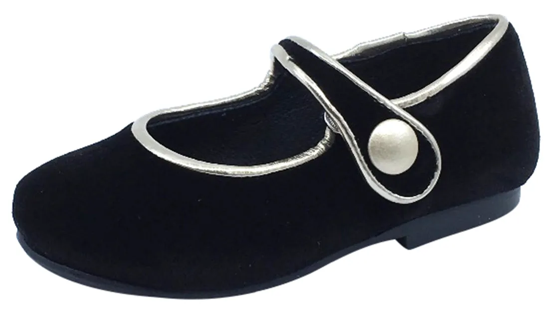 Luccini Girl's Black Velvet Mary Jane with Light Gold Trim