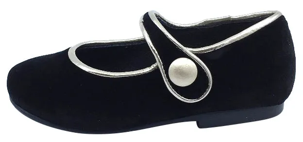Luccini Girl's Black Velvet Mary Jane with Light Gold Trim