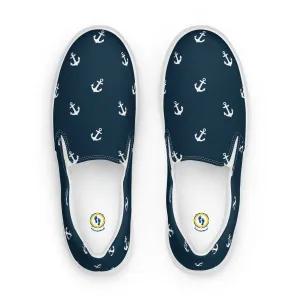 Navy Blue with White Anchors Women’s slip-on canvas shoes, Nautical Print summer shoes