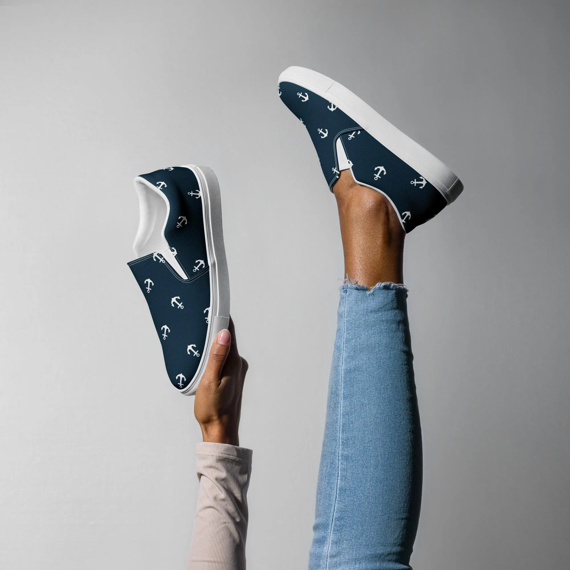 Navy Blue with White Anchors Women’s slip-on canvas shoes, Nautical Print summer shoes