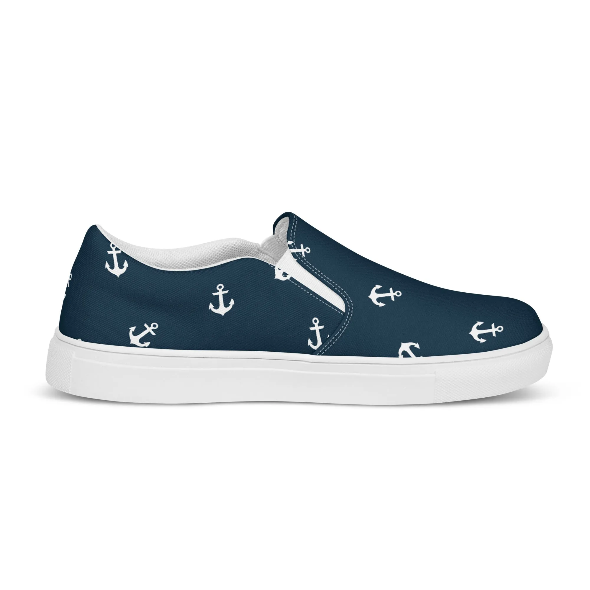 Navy Blue with White Anchors Women’s slip-on canvas shoes, Nautical Print summer shoes
