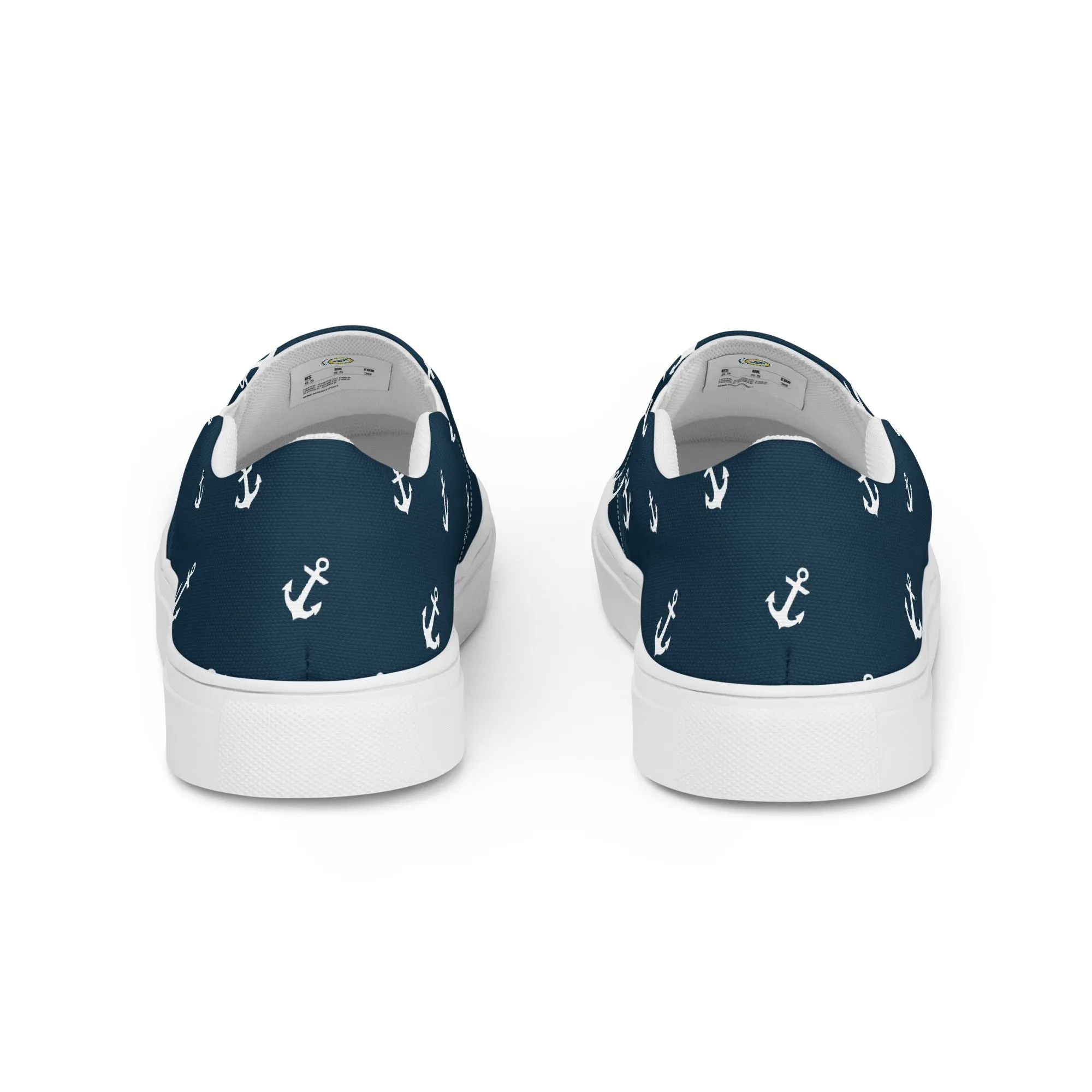 Navy Blue with White Anchors Women’s slip-on canvas shoes, Nautical Print summer shoes
