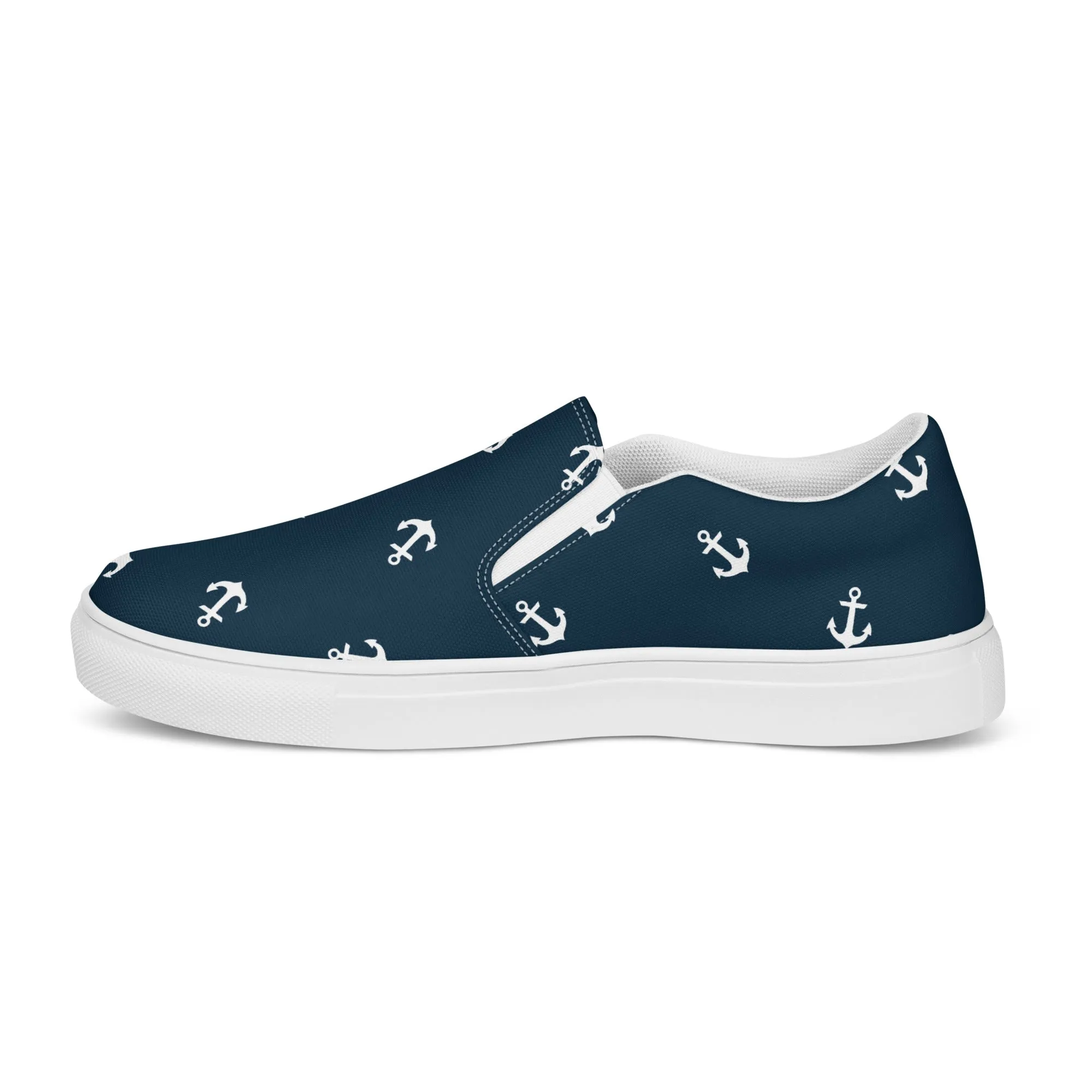 Navy Blue with White Anchors Women’s slip-on canvas shoes, Nautical Print summer shoes