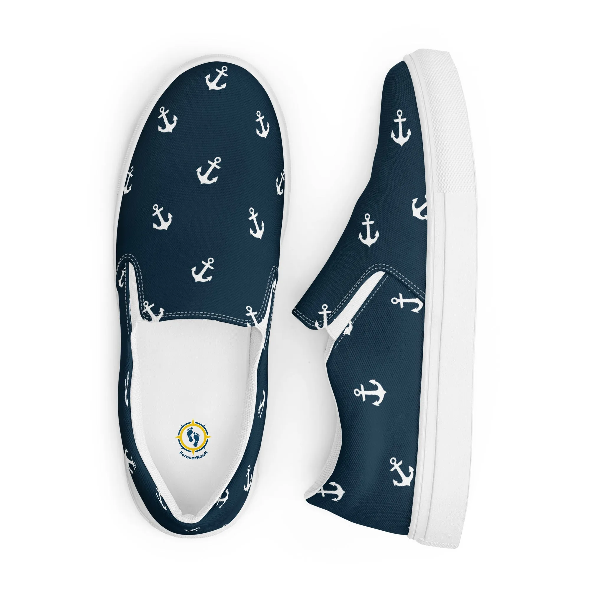 Navy Blue with White Anchors Women’s slip-on canvas shoes, Nautical Print summer shoes