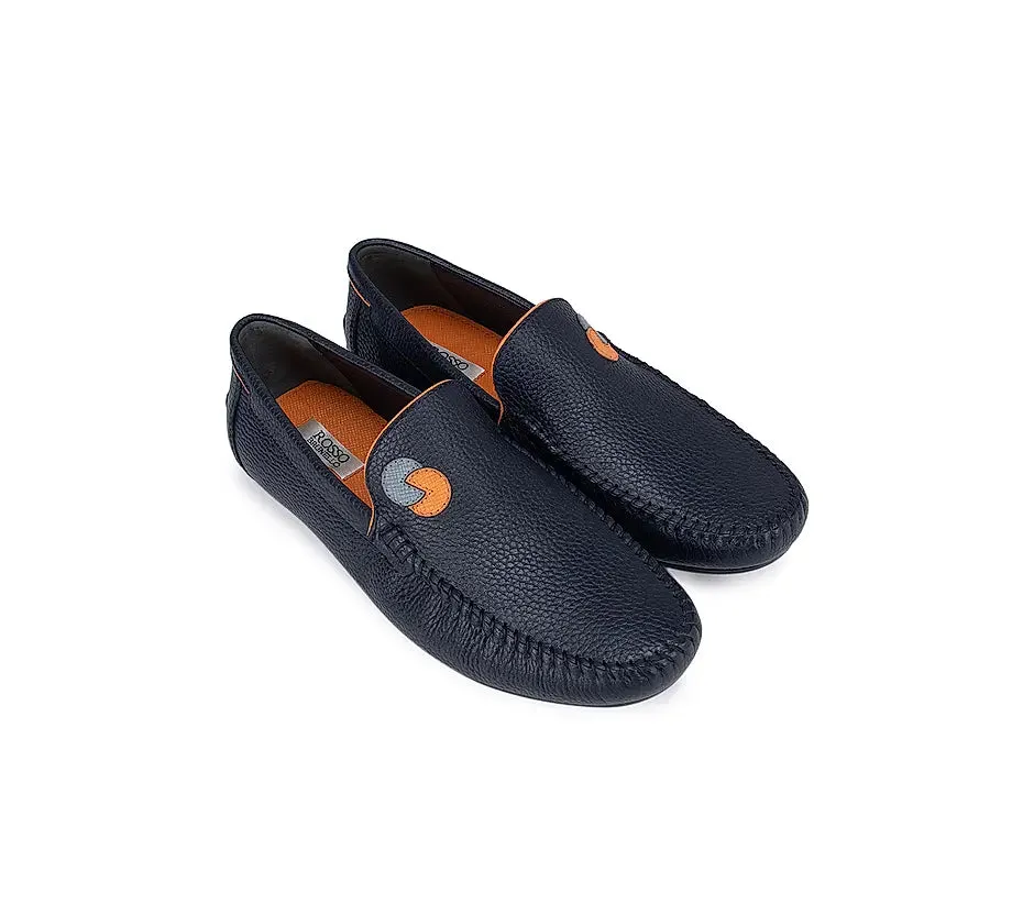 Navy Textured Leather Moccasins