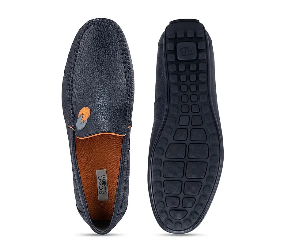 Navy Textured Leather Moccasins