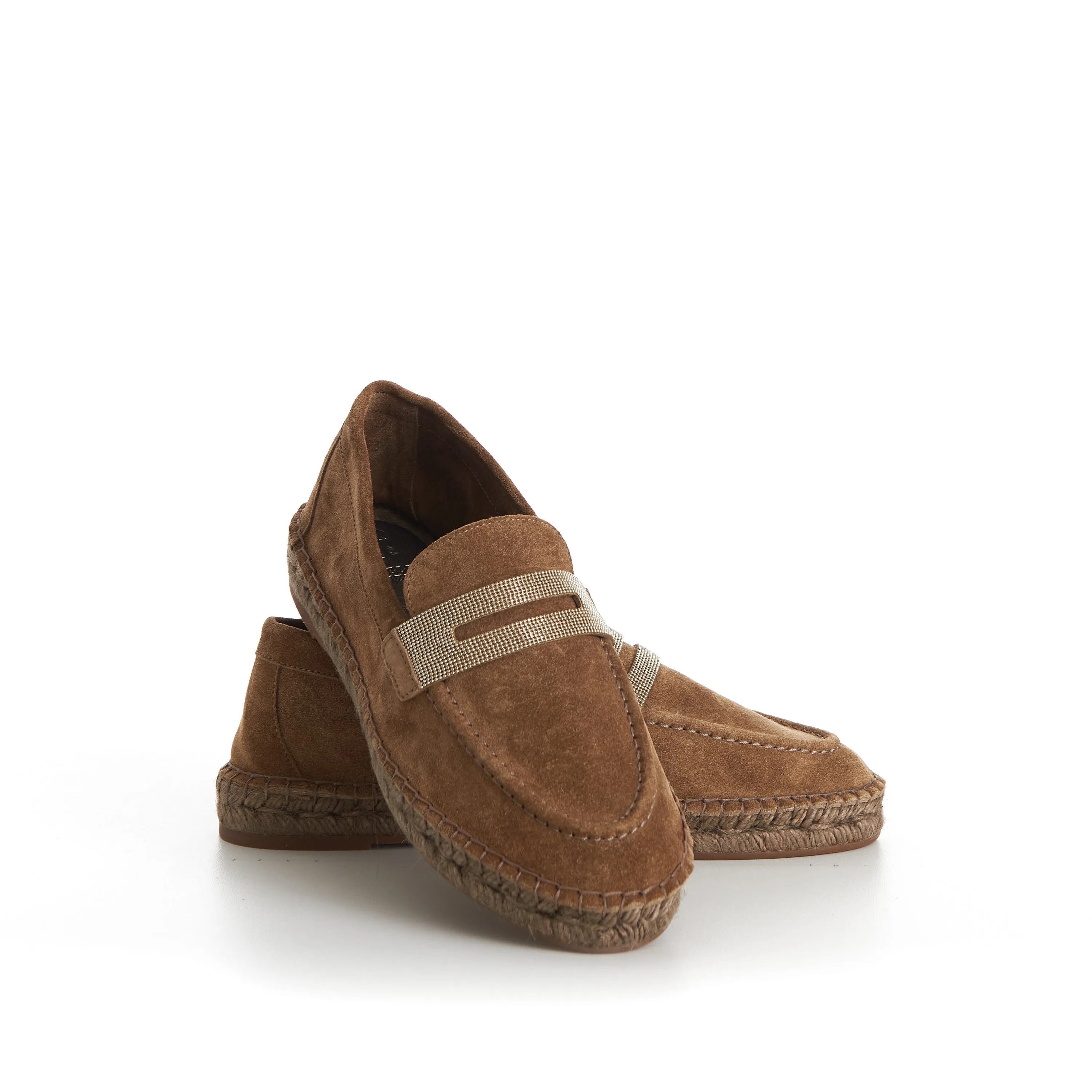 Suede Brown Espadrilles - Monili Chain Embroidery
