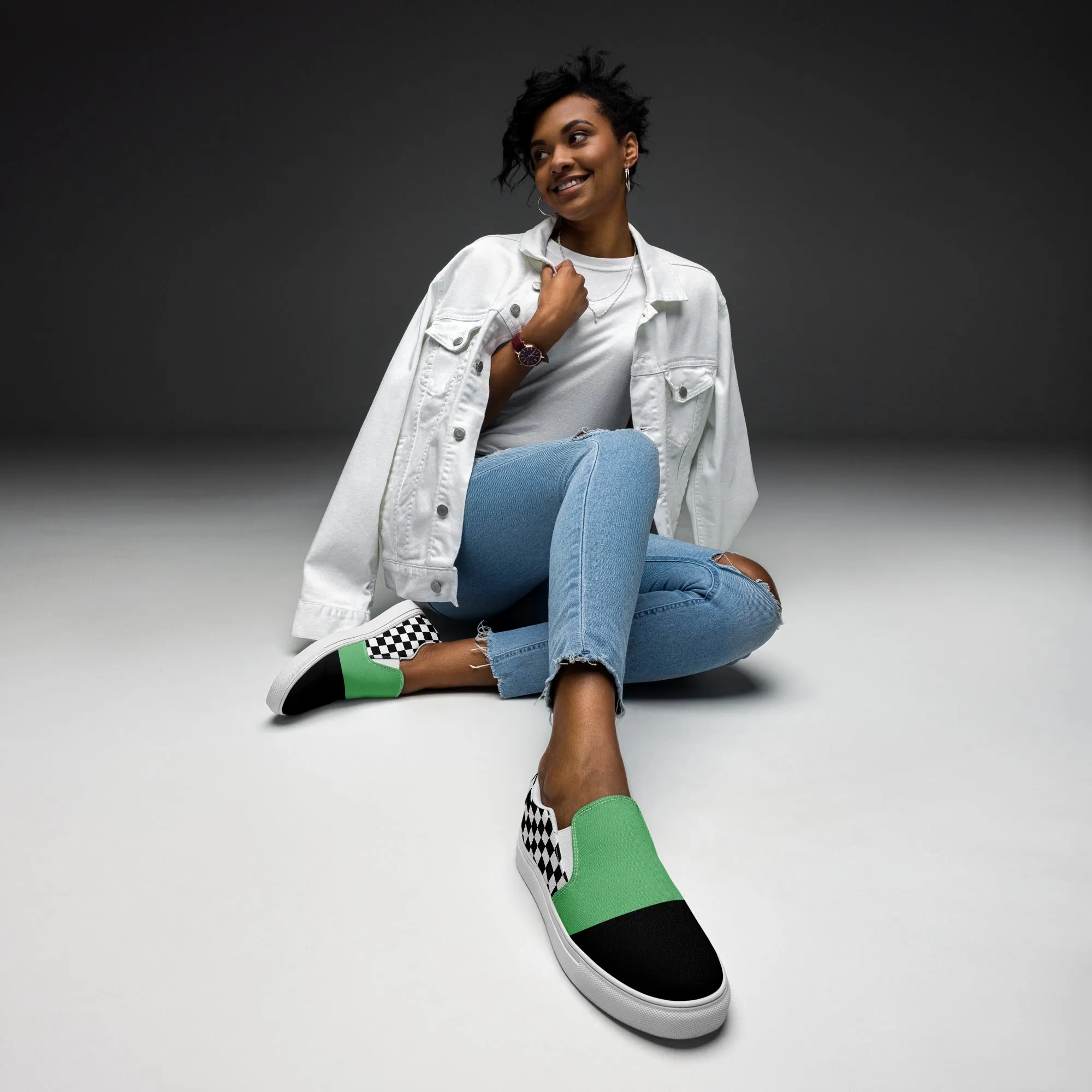 Women's Slip-On Canvas Shoes (Black, Bright Green, Checkered)