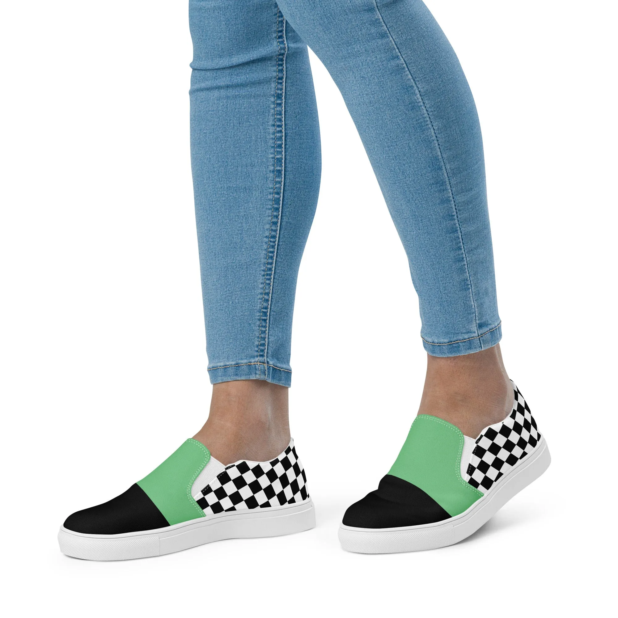 Women's Slip-On Canvas Shoes (Black, Bright Green, Checkered)